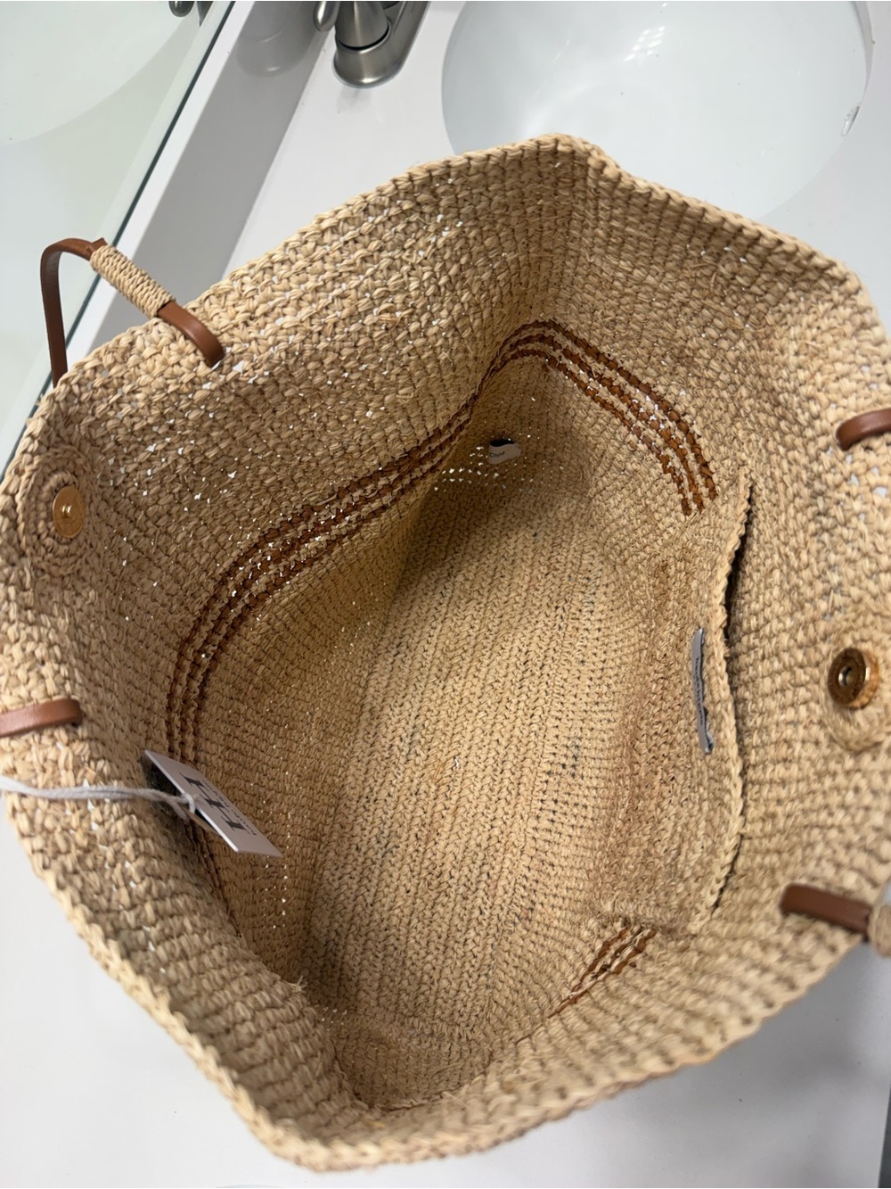 NWT Haute Hippie Natural Straw Tote with Brown Stripe and Brown Leather Handles - Picture 7 of 14
